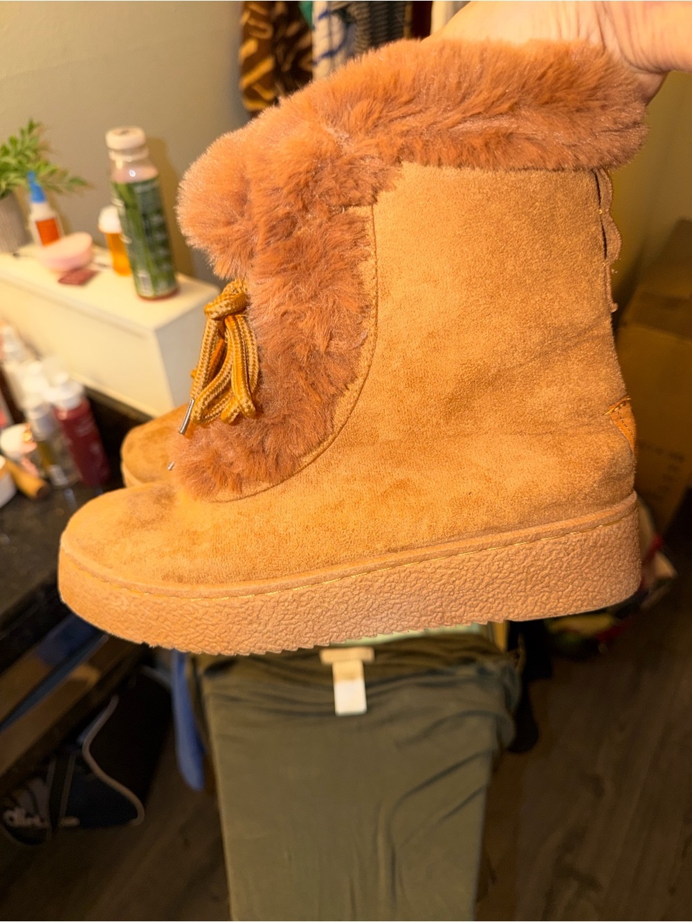UGG Chestnut Faux-Fur Platform Lace-Up Ankle Boots 8